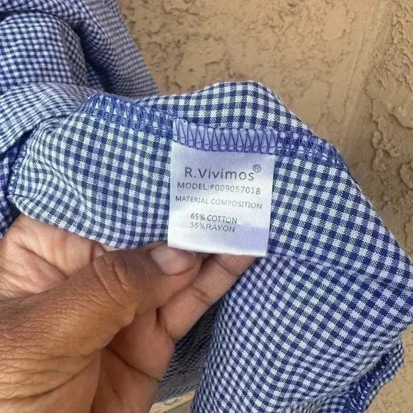 R.Vivimos Women's Summer Cotton Plaid Puff Sleeves Bow Casual Off-Shoulder Dress - Picture 3 of 3